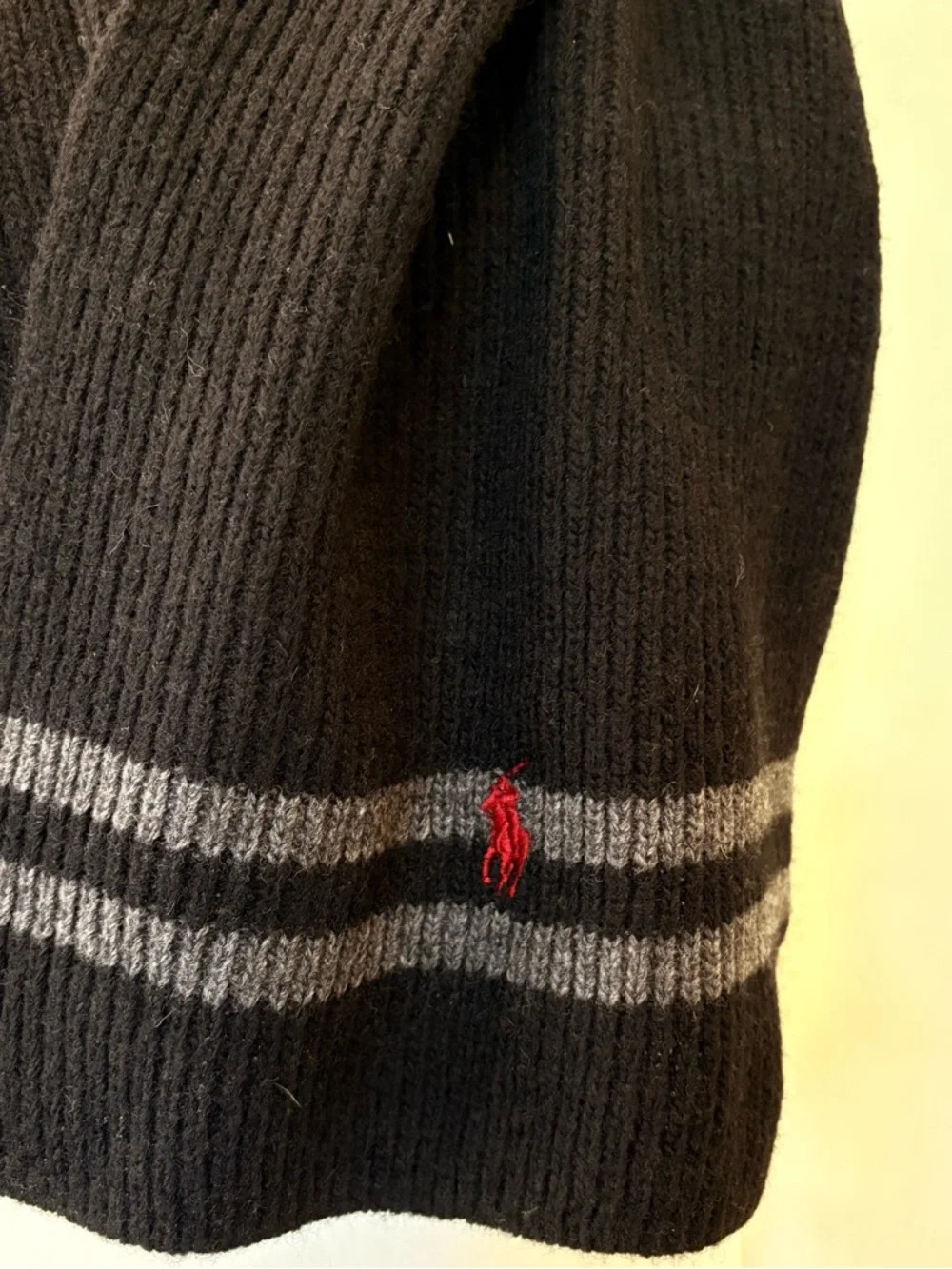 Polo by Ralph Lauren Black Knit Scarf with Gray Stripes Burgundy Logo NWT